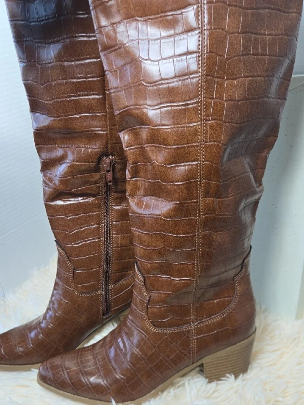 NWT Sun + Stone Brown Croc-Embossed Over-The-Knee Boots